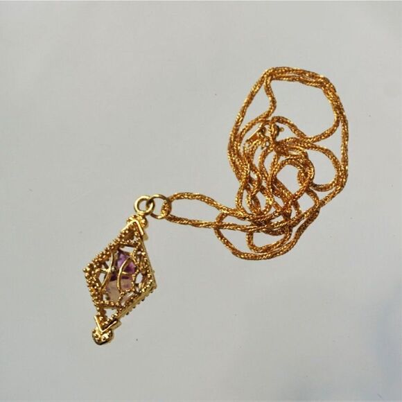 Vintage Mid Century Gold Tone Pendant Necklace Amethyst Rose Quartz 23" Chain - Picture 5 of 8